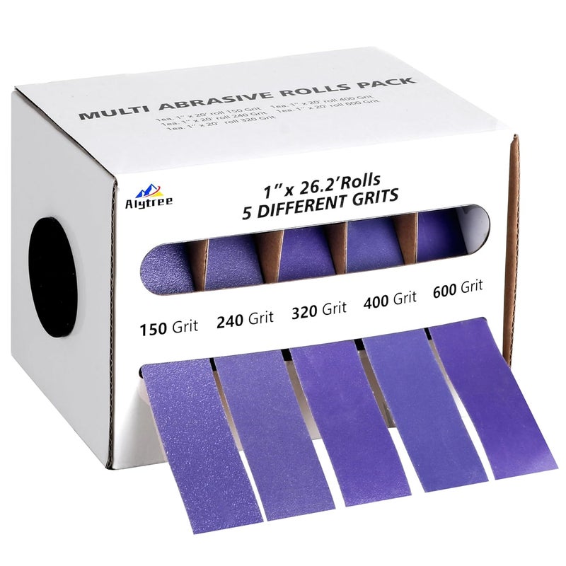 Alytree 5 Grits Emery Cloth Roll, 150 240 320 400 600 Grits Abrasive Sand Paper for Metal and Wood Furniture with Dispenser - 8M Purple Sandpaper Rolls - Image 1